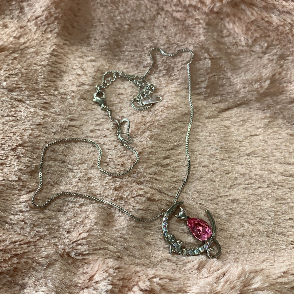 Cat on a Crescent Moon Pendant Necklace - Picture 2 of 11